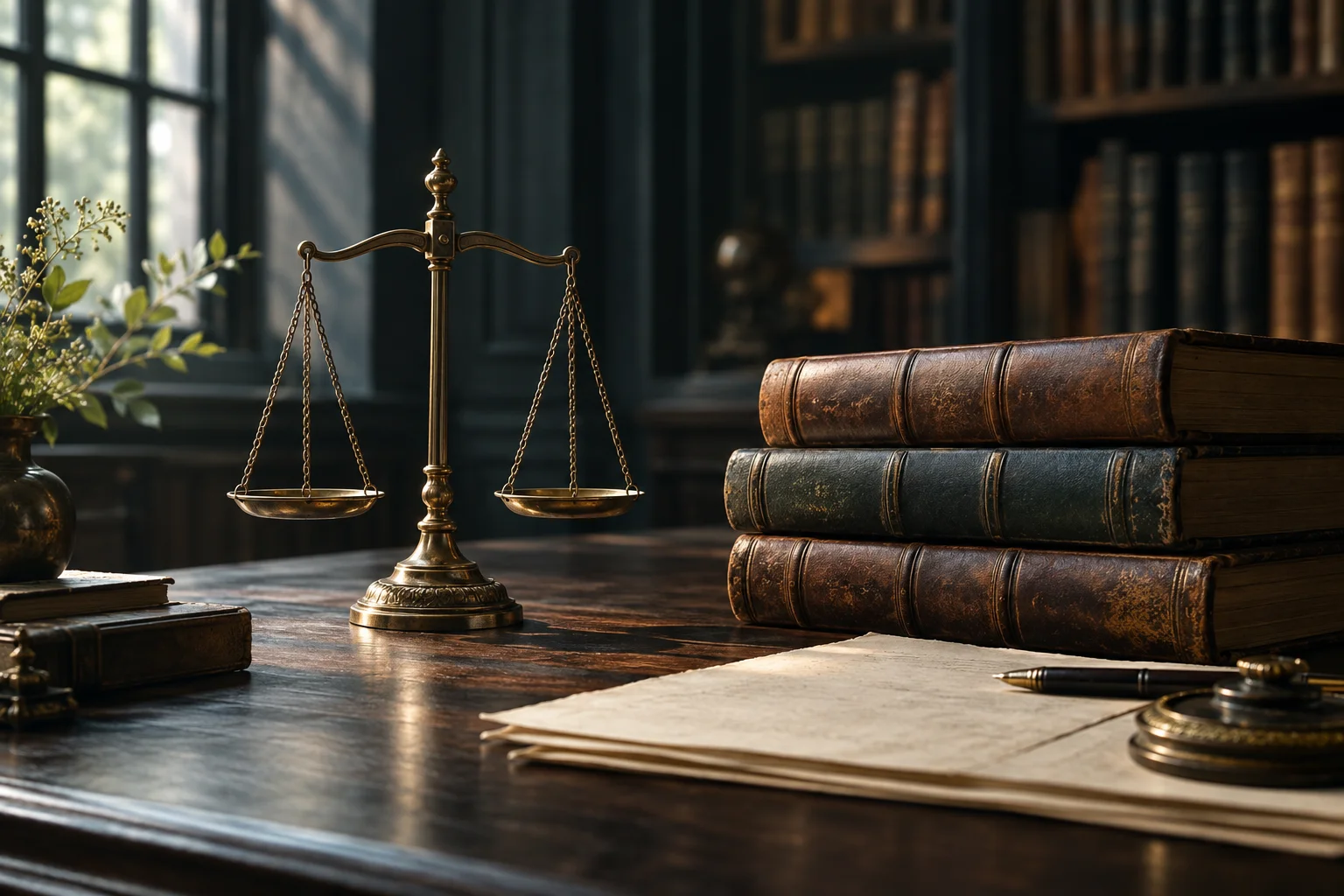 Conceptual still life of legal books and a brass balance