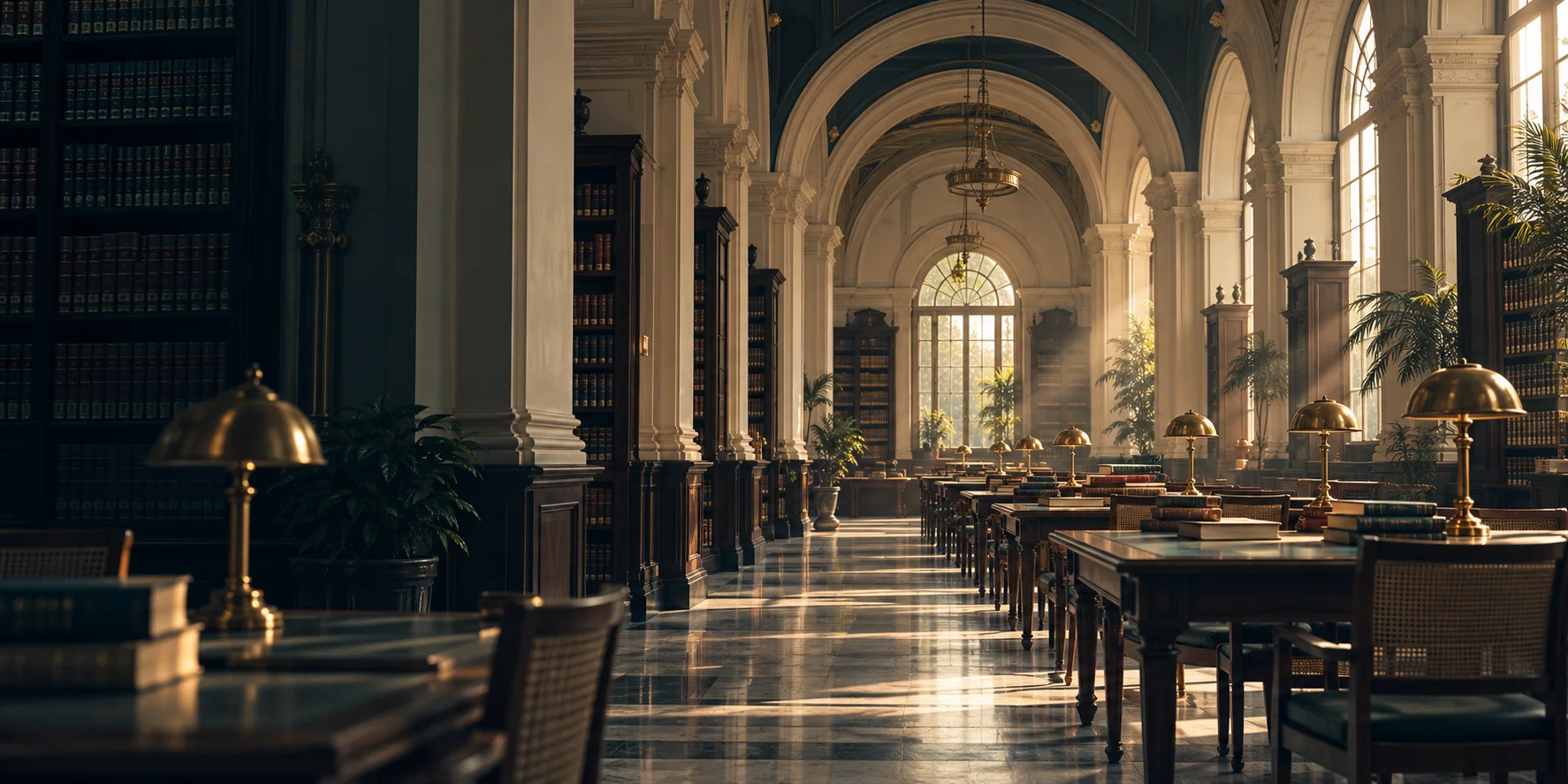 Conceptual illustration of an arched reading room with bookshelves and warm daylight